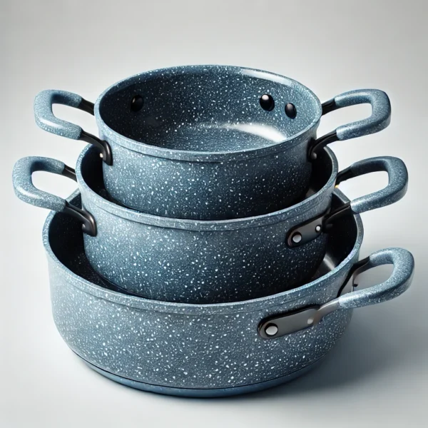 DALL·E 2024 08 18 17.45.55 A stack of three blue granite coated cooking pans with shiny speckled surfaces. Each pan has two sturdy handles placed symmetrically on either side